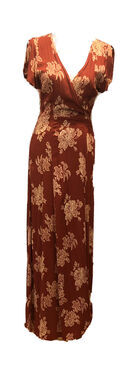 Lulus Much Obliged Lovely Red Flowered Rayon Wrap Dress Maxi Short sleeve M